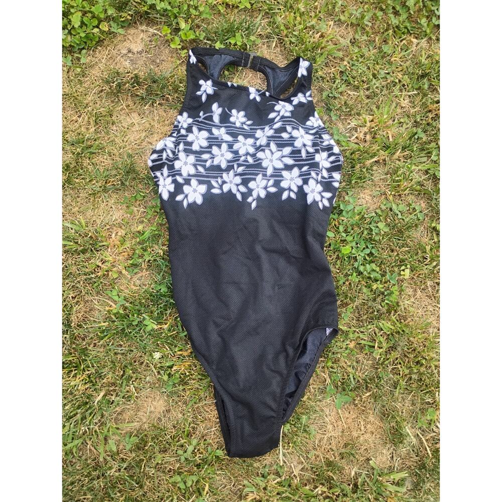 Vintage Women's Jantsen One Piece Black Floral Swimsuit Size 8